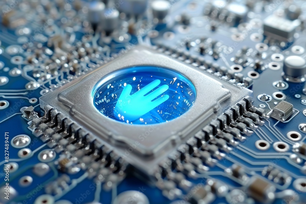 Poster close up of a microchip with a fingerprint, symbolizing advanced biometric security and digital prot