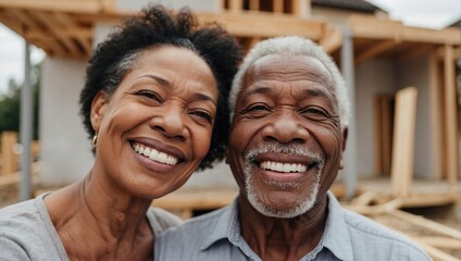 Happy elderly couple with grey hair standing in front of their new home. Both are smiling, showcasing their joy and pride in their property investment and homeownership.