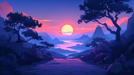 Beautiful sunset painting over a serene mountain landscape with a vibrant sky and calm water, surrounded by trees and rocky formations.