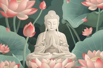 Detailed Illustration of Buddha Statue Surrounded by Lotus Flowers