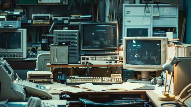 A cluttered office room crammed with outdated computer equipment and telephones, creating a chaotic and neglected scene