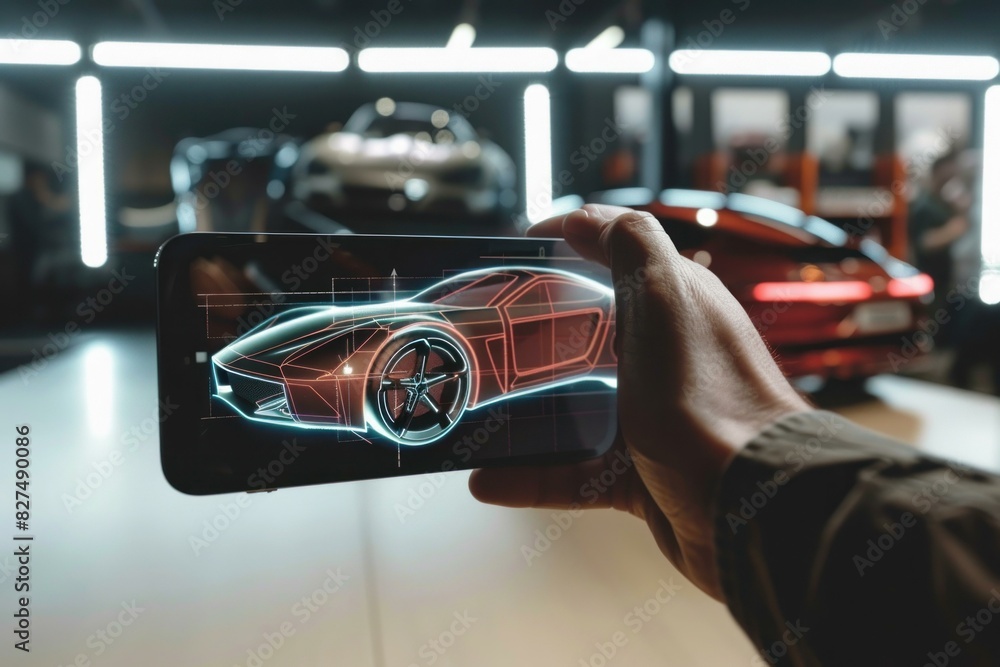 Poster hand holding smartphone with augmented reality app projecting futuristic car model in a modern works