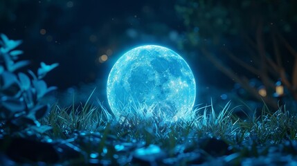 Enchanted glowing moon resting in the grass at night, surrounded by magical forest glow and serene blue light.