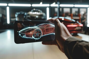 Hand holding smartphone with augmented reality app projecting futuristic car model in a modern workshop