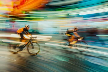Urban Cyclists in Motion Blur on Vibrant City Street