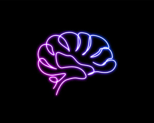 Neon light glow brain line art. Continuous one line drawing of human brain. Psychology, idea and intelligence concept.
