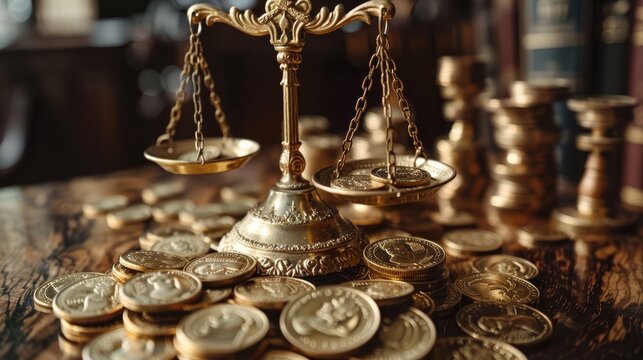 Depiction of an old-fashioned gold scale balancing coins, vintage, photorealistic