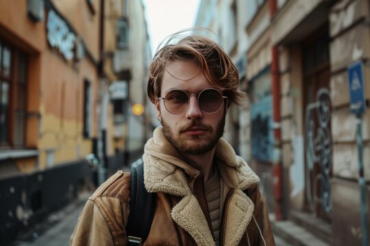 Fashionable young male with sunglasses posing in a city street, exuding trendy urban vibes