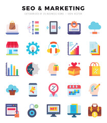SEO & MARKETING Flat icons collection. Flat icons pack. Vector illustration