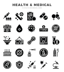 HEALTH & MEDICAL Glyph icons collection. Glyph icons pack. Vector illustration