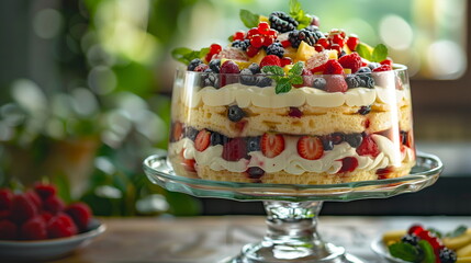 Holiday trifle with layers of sponge cake, custard, berries, and whipped cream.