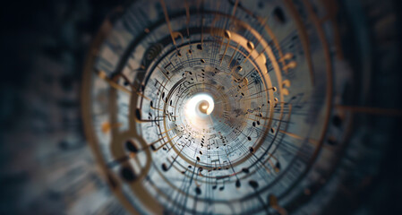 A swirling vortex of musical notes and staves, creating a dynamic and mesmerizing spiral