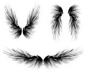 Obraz premium set of angel or demon black fractal wings. In various styles. Wings upwards, downwards and sideways. Isolated transparent background PNG.