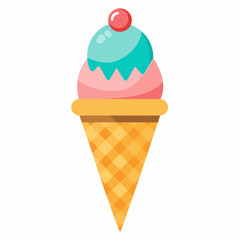 The ice cream cone is topped with a cherry and looks colorful