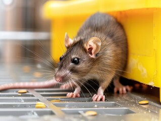 A brown rat is standing in front of a yellow container.