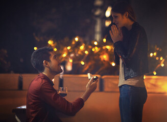 Couple, propose and engagement ring for night with surprise or love with promise for commitment....