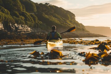Serene Sunset Kayaking Adventure in a Scenic Coastal Landscape