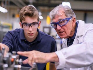 An older man mentoring a young student in a workshop, both wearing safety goggles and focused on the machinery.