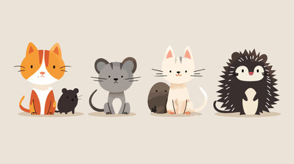 Cute animals Four cat dog mouse hedgehog. Vector illustration