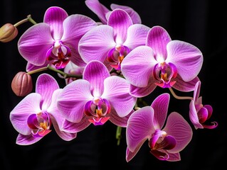 A bunch of purple orchids are shown against a black background.