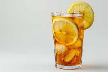 Refreshing Iced Tea with Lemon Slices in a Clear Glass on White Background