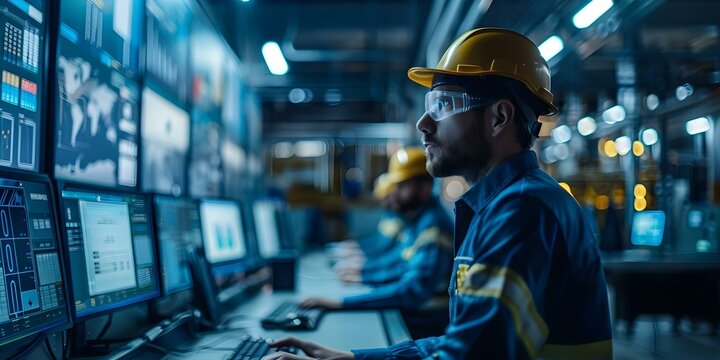 Monitoring Industrial Processes from a Central Control Room. Concept Real-time monitoring, Centralized control, Industrial processes, Efficiency optimization, Production supervision