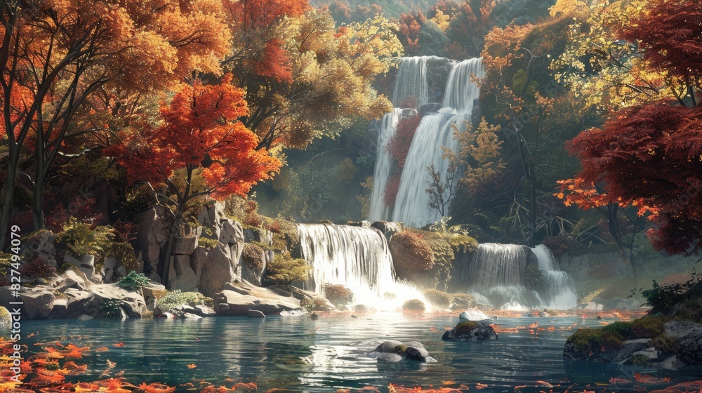 Poster the concept of immersing oneself in a natural setting with a waterfall cascading among autumn hued t