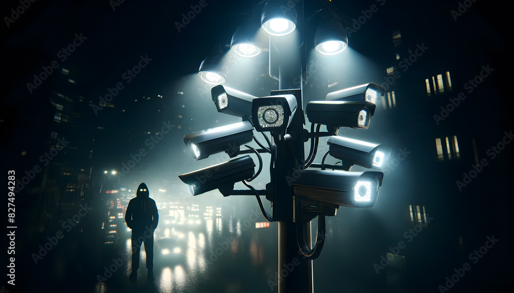 Poster a cluster of surveillance cameras mounted on a pole at night. the illuminated cameras cast a soft gl