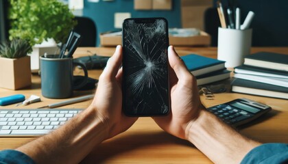 Man Holding Broken Smartphone in Modern Office Environment