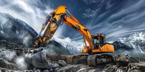 An Old Yellow Excavator Operating on Rugged Terrain with Extended Arm Reaching Down. Concept Construction Equipment, Heavy Machinery, Industrial Work, Yellow Excavator, Rugged Terrain