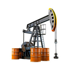 Oil pump jack and oil barrels. Isolated on transparent background.