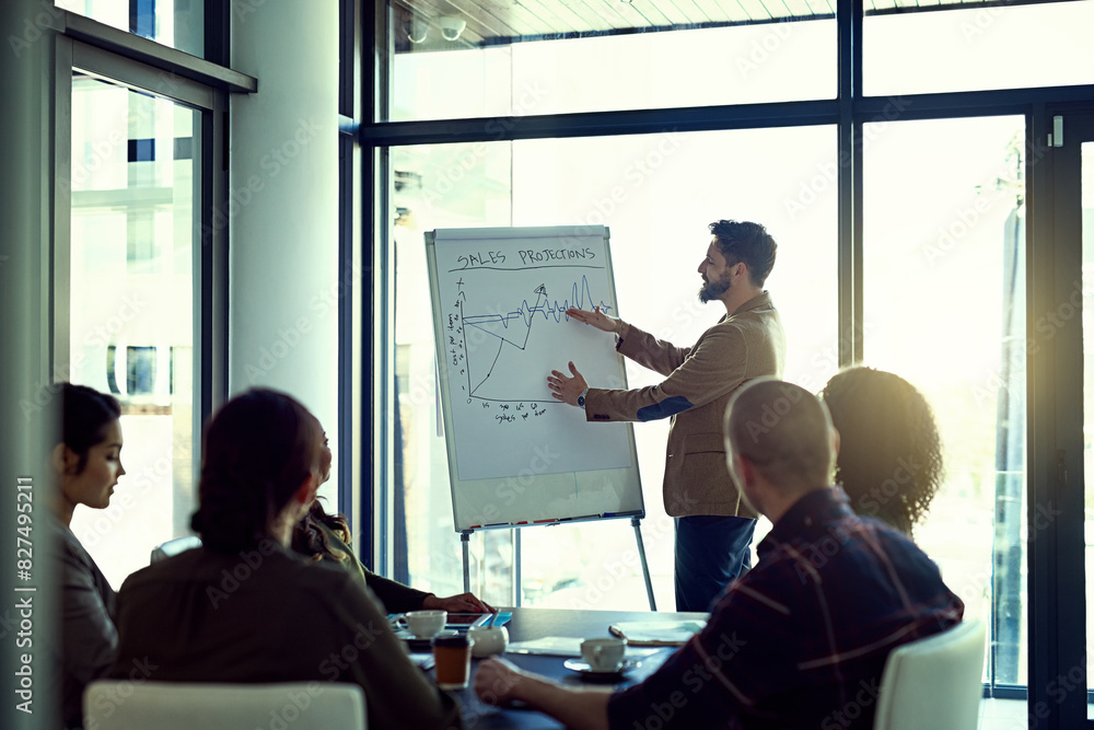 Poster business man, staff and meeting with presentation chart, graph and mentor conversation in an office.