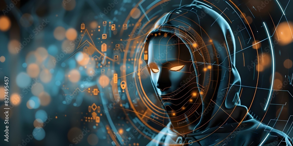 Poster digital protection hacker in mask overlaid with cyber security interface theme. concept cybersecurit
