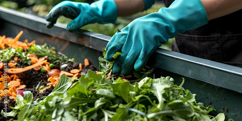 Poster adding food scraps to compost bin: promoting nutrient-rich soil with gloves. concept composting tech