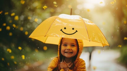 Health and accident insurance concept for children. Little girl holds a yellow umbrella to protect from the rain