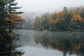 Tranquil autumn lake with misty landscape and serene water reflection in peaceful morning, showcasing the beautiful fall colors and calm, ethereal atmosphere of the seasonal wilderness environment