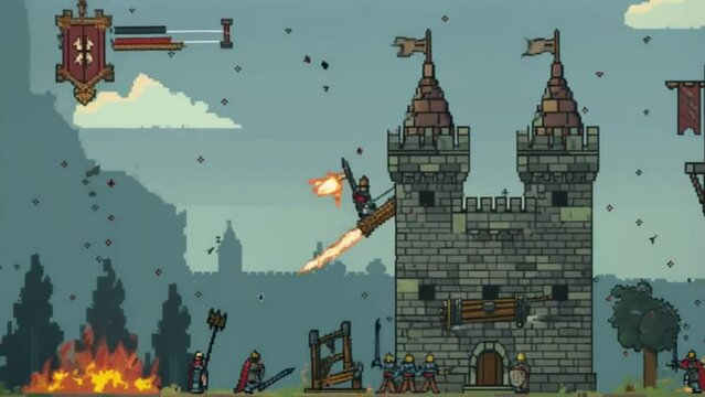 An animation depicting a medieval castle under siege, with knights, catapults, and flaming arrows, all in detailed pixel art