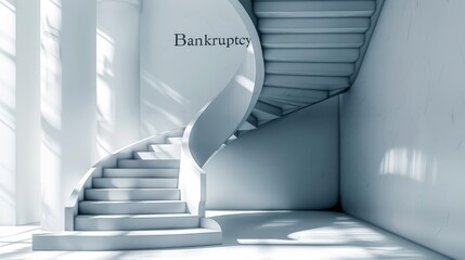 Spiral staircase with collapsing steps, the word "Bankruptcy" in the background, isolated on white background, copy space