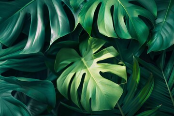 Vibrant and detailed close-up of tropical monstera leaves, with a focus on the intricate patterns and deep green color, perfect for a natural and botanical themed backdrop