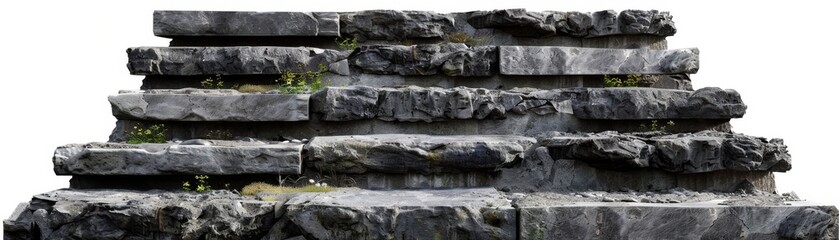 Vintage stone staircase with collapsing steps, torn banknotes falling down, isolated on white background, clear background