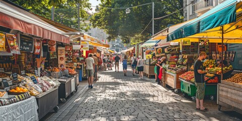 Bustling Outdoor Street Market with People and Food Stalls