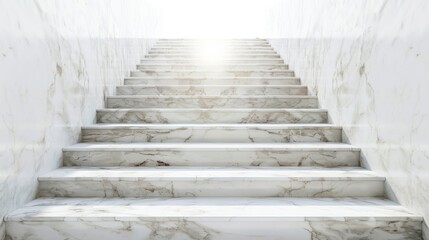 Elegant marble staircase with rising steps, light shining down from above, isolated on white background, copy space