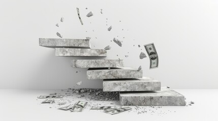 Minimalist concrete stairs with steps collapsing, torn banknotes falling down, isolated on white background, copy space
