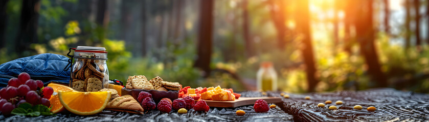 High Resolution Image of Healthy Snacks for Camping Trips with Glossy Backdrop, Portable and Nutritious Options for Outdoor Adventures   Photo Realistic Concept