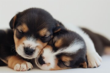 Two cute puppies cuddle while sleeping peacefully. Their serene faces and close bond make for a heartwarming scene, perfect for themes of companionship, comfort, and innocence