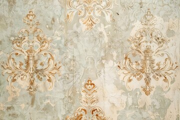Exquisite vintage baroque wallpaper texture with distressed texture. Ornate damask pattern. And aged. Peeling paint for interior design and decorating in a traditional. Classic. Luxurious