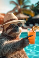 a sloth in a hat drinks a cocktail on the background of a swimming pool. Selective focus