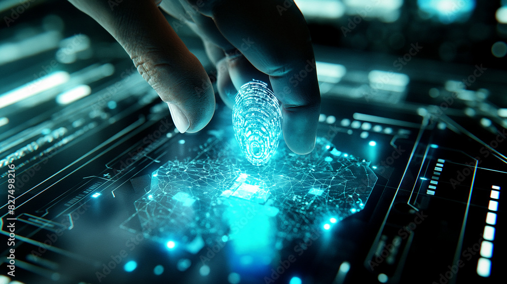 Poster fingerprint authentication biometric verification system futuristic cyber security technology secure