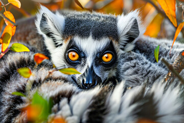 a close-up of a ring-tailed lemur with striking orange eyes, surrounded by vibrant autumn leaves in shades of yellow, orange, and green. 
