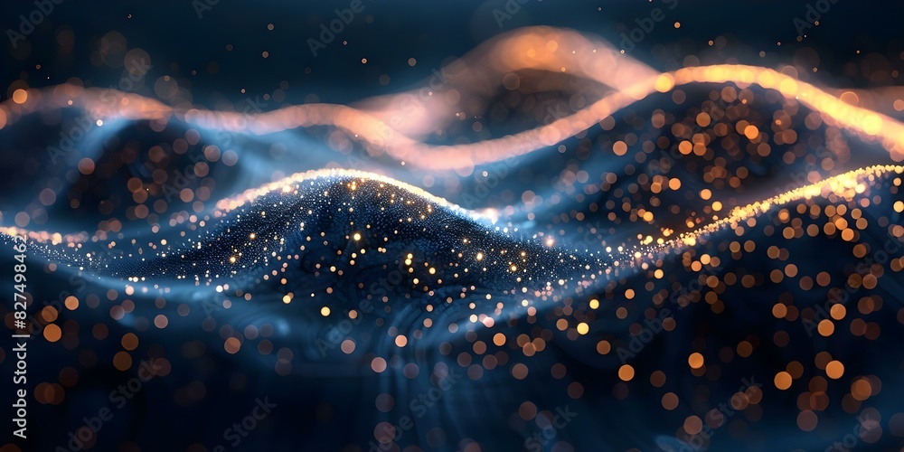 Poster dynamic digital landscape concept: glowing wave particles and bokeh lights. concept digital art, glo